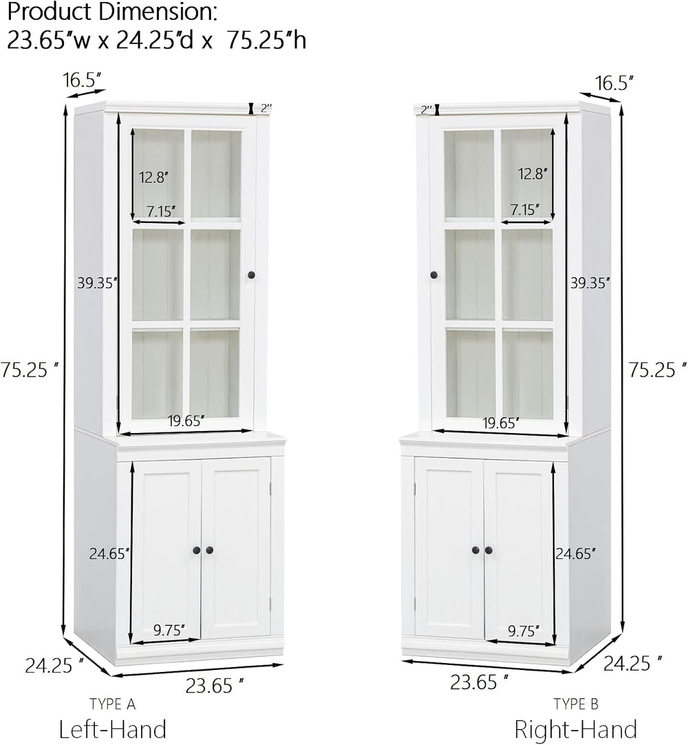 roomfitters 75.25'' Tall Pantry Cabinet with Glass Door, Farmhouse Hu...
