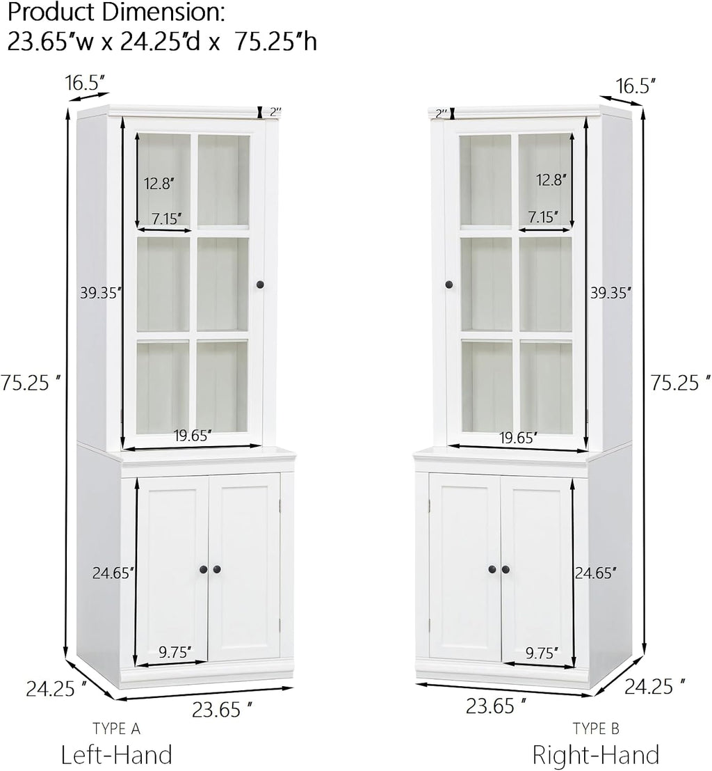 roomfitters 75.25'' Tall Pantry Cabinet with Glass Door, Farmhouse Hutch Display Cabinet with Storage for Kitchen, White