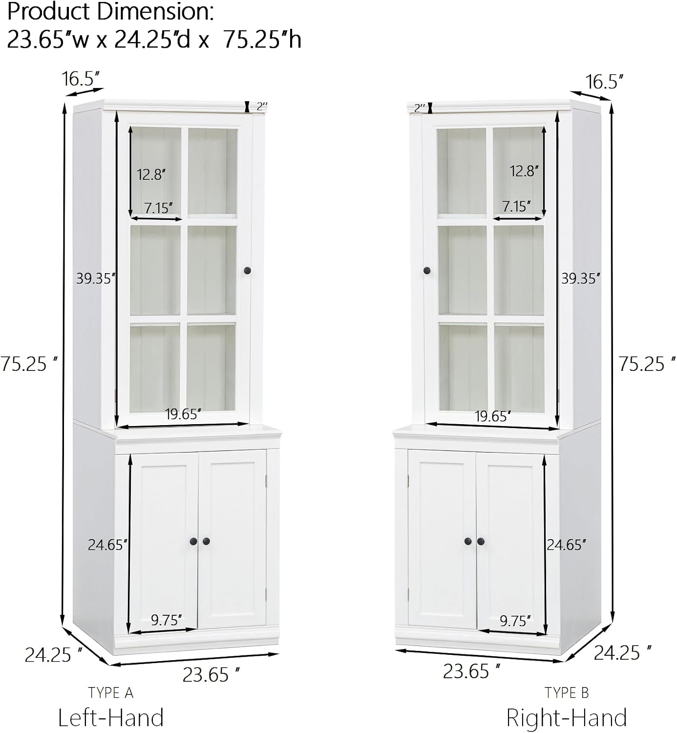 roomfitters 75.25'' Tall Pantry Cabinet with Glass Door, Farmhouse Hutch Display Cabinet with Storage for Kitchen, White