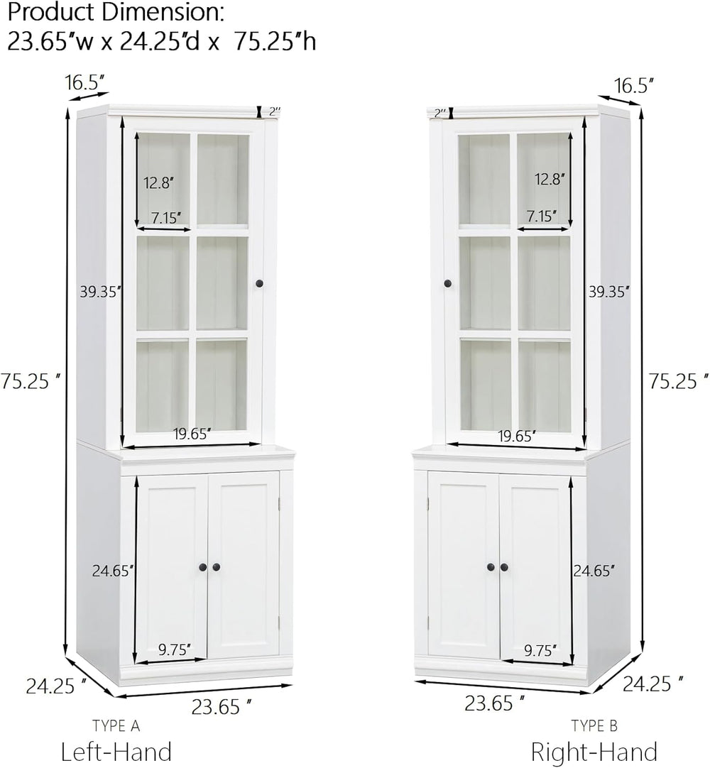 Chic 75.25'' White Freestanding Pantry Cabinet with Glass Door, Ideal...
