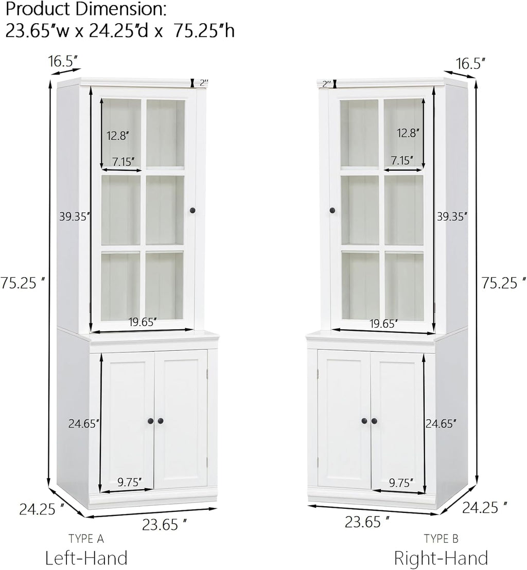 Chic 75.25'' White Freestanding Pantry Cabinet with Glass Door, Ideal for Kitchen & Living Room - Double-Action Doors for Easy Access!