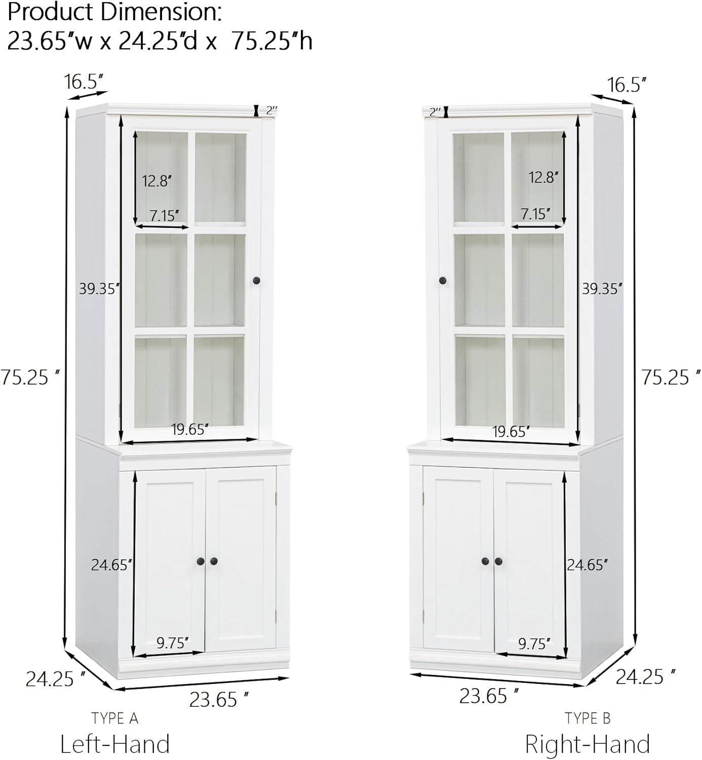 Chic 75.25'' White Freestanding Pantry Cabinet with Glass Door, Ideal for Kitchen & Living Room - Double-Action Doors for Easy Access!
