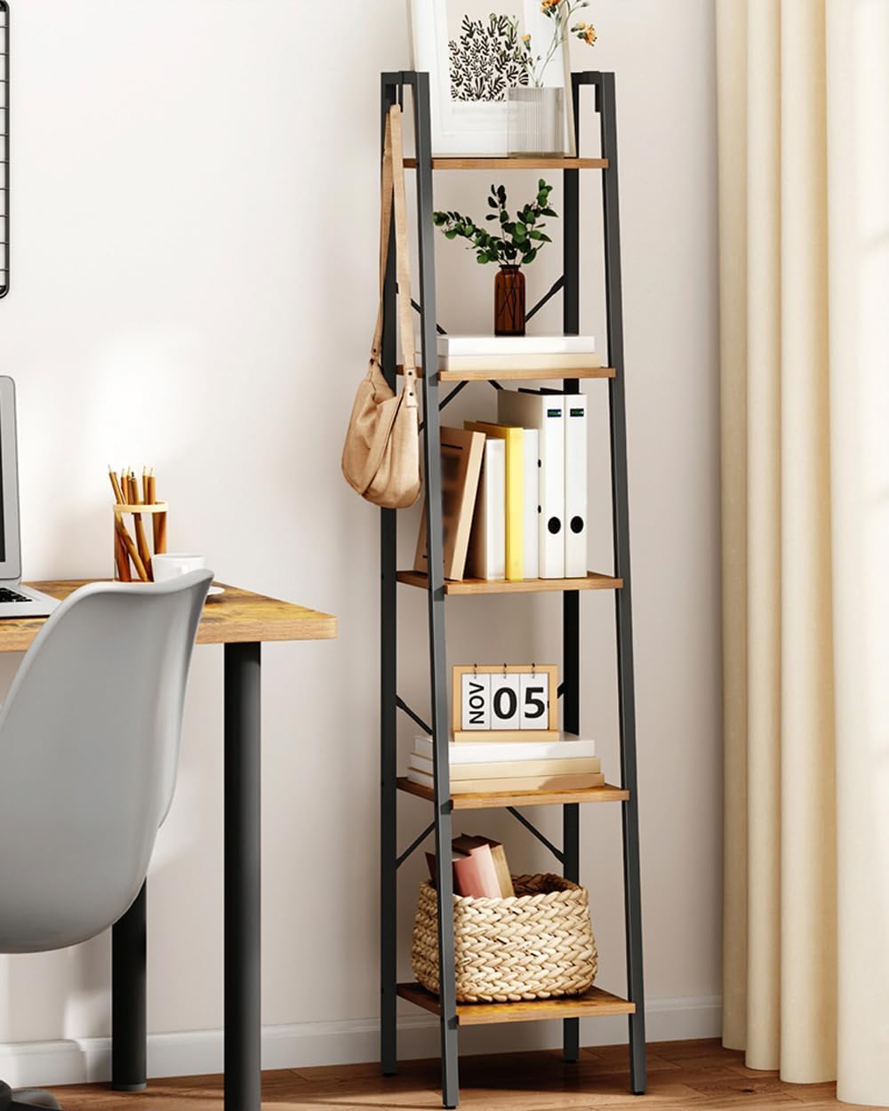 Hzuaneri Ladder Shelf, Bookshelf Bookcase, Freestanding Corner Storage Shelve...