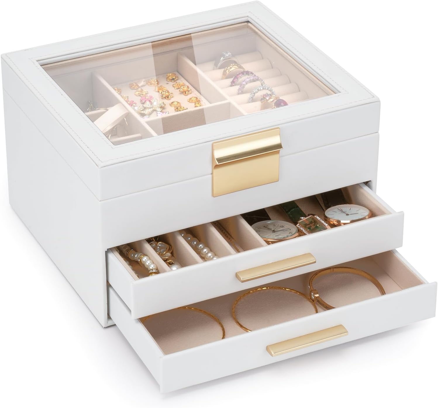 Jewelry Box for Women, 3-Layer Jewelry Box, Jewelry Organizer with Clear Glass Lid and Drawers, Jewelry Organizers and Storage for Necklaces, Rings, Earrings, Bracelets(White)