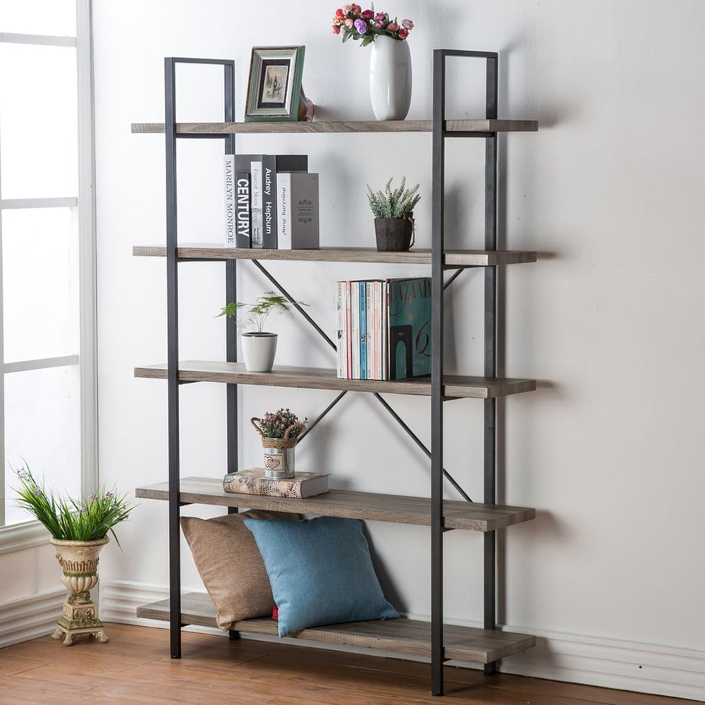 HSH Rustic Bookshelf, Industrial 5 Tiers Open Bookcase, Light Grey Oak