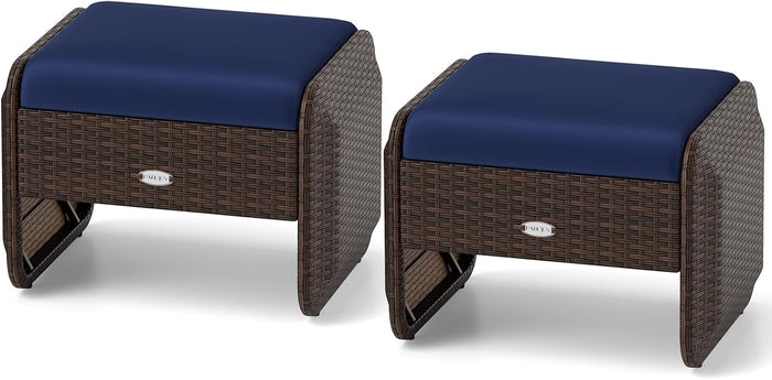 RELAX4LIFE Wicker Outdoor Ottomans for Patio - 2-Piece Rattan Footstools w/Removable Cushions, 3-in-1 Multipurpose Footrest, Additional Seating & Side Table for Balcony, Set of 2 Patio Ottoman (Navy)