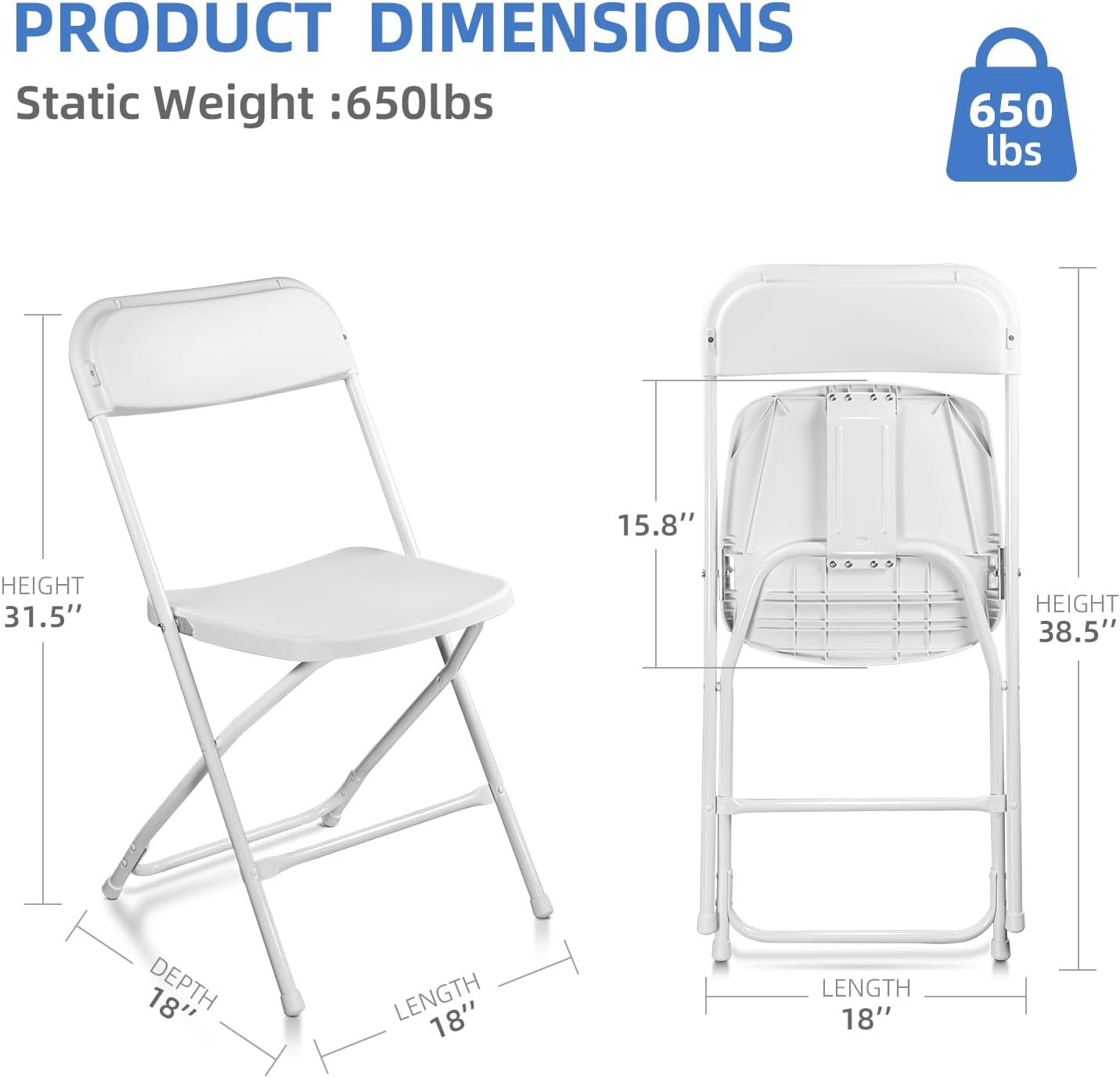 100 Pack White Folding Chairs, Indoor Outdoor Portable Stackable Commercial Seat with Steel Frame 350lb Capacity for Events, Weddings, Office, Parties