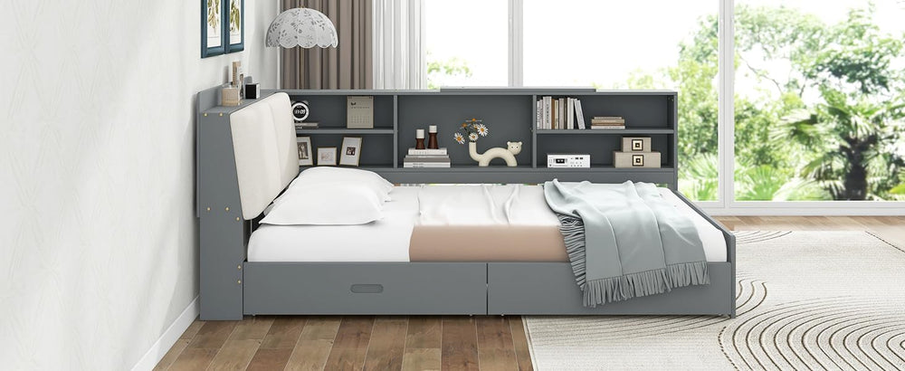 Peanu Full Bed Frame, Storage Headboard, Gray Upholstered Wood