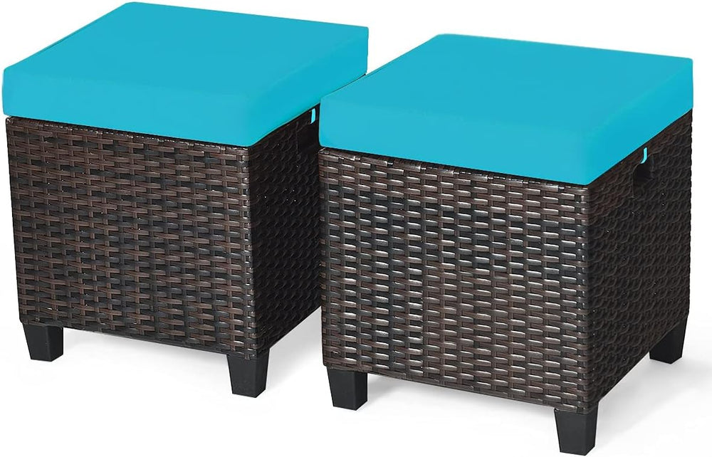 2PCS Patio Outdoor Ottomans, Rattan Wicker Ottoman Seat w/Removable Cushions,...