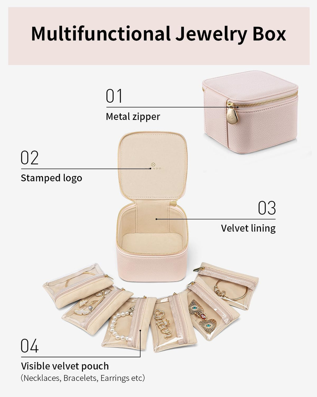 Vlando Gifts for Teachers,Jewelry Box with 6 Velvet Jewelry Bags Travel Jewelry Storage for Women Girl Jewelry Organizer Necklace Rings Earrings Bags Gifts for Women(Pink)