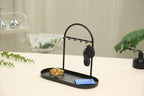 Shinpuru Key Holder Tray, Metal Stand with Leather Tray, 5 Hooks(Black) | Keys and Jewelry Organizer