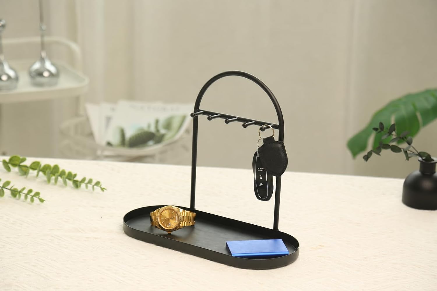 Shinpuru Key Holder Tray, Metal Stand with Leather Tray, 5 Hooks(Black) | Keys and Jewelry Organizer