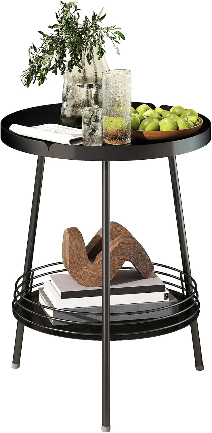 Benkyo 2 Tier Black Metal Round Side Table Tiered Two Shelf Storage Coffee So...