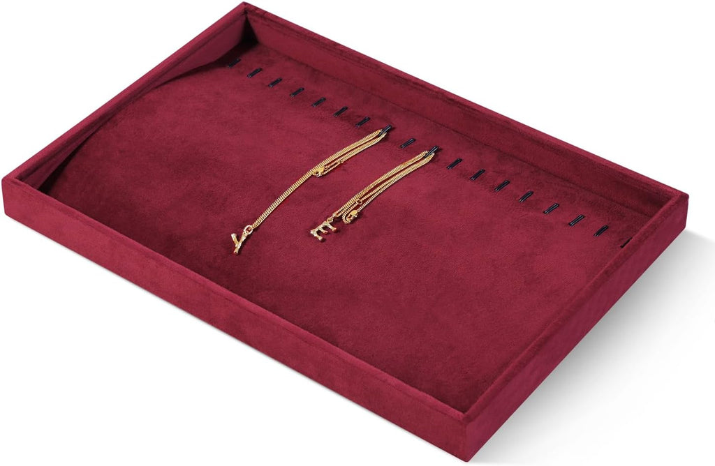 Velvet Jewelry Display Tray For Bracelet Pendant Necklace, Multi-Slot Stackable Storage Tray For Long Chain Jewelries, Drawer Insert Jewelry Organizer (Red)