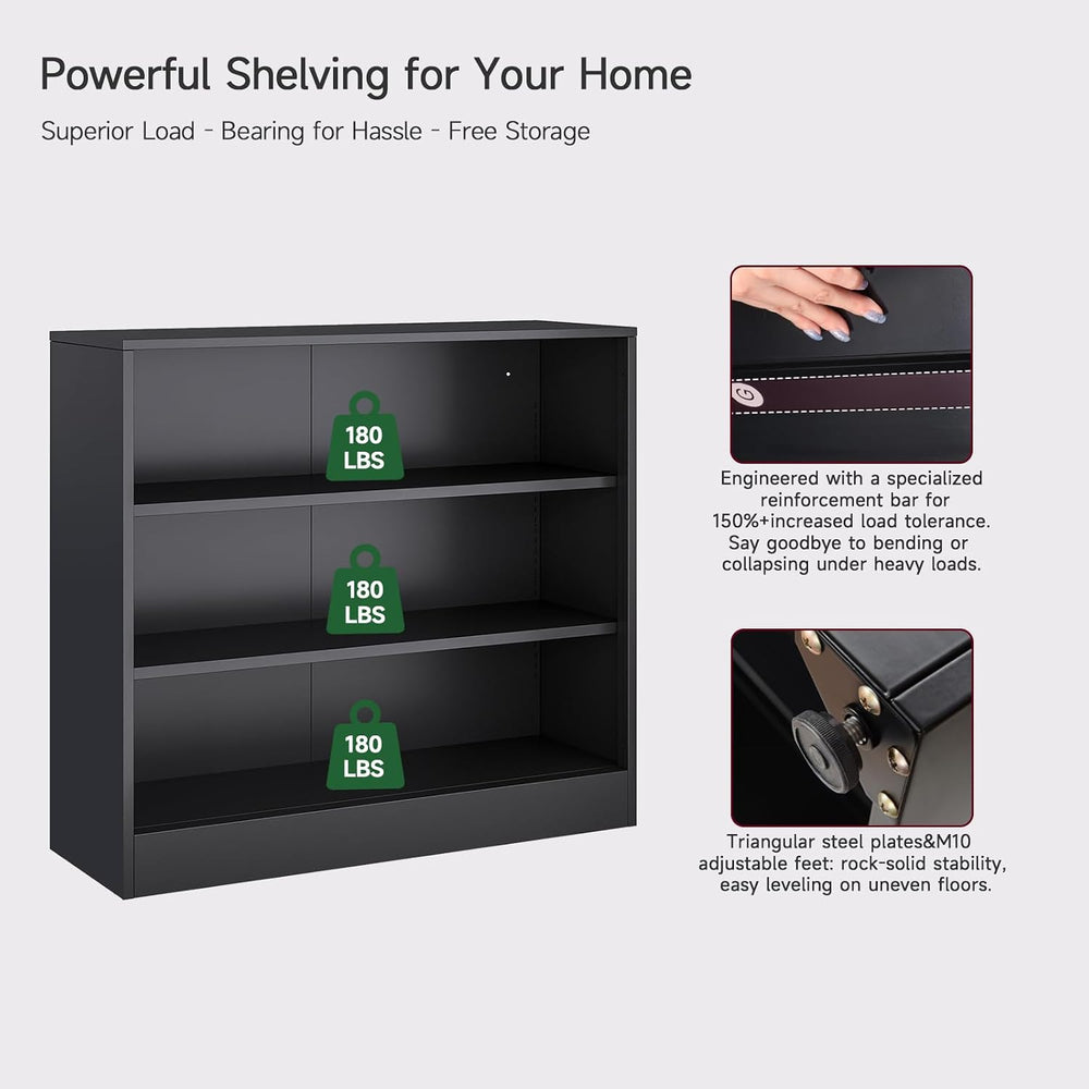 Metal Black Bookshelf, Short Bookshelf with Adjustable Shelves, 3 Tier | Open...