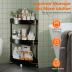 Rolling Cart with Wheels 3 Tier Bathroom Organizer Mobile Shelving Unit Utility Cart Tower Rack Multifunction Utility Storage carts, Kitchen Storage Organizer for Kitchen Laundry Narrow Places, black