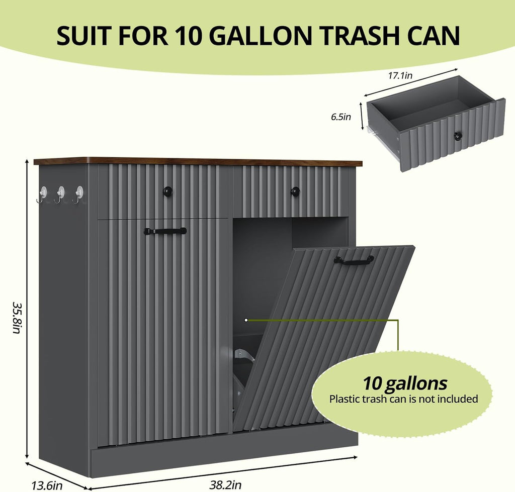 Double Tilt Out Trash Can Cabinet, 20 Gallon Fluted Laundry Hamper Cabinet with 2 Drawers, Wooden Hidden Garbage Can Cabinets for Kitchen, Living Room, Without Trash Bin or Laundry Hamper,Grey