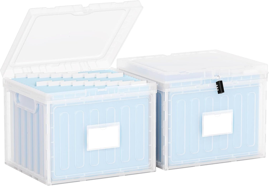 Oterri Plastic File Box with Lid for Letter Size File Folders, Hanging File Folder Box Collapsible File Organizer, File Cabinet Document Organization Home, Office (Clear, Large-2 Pack Without Folders)