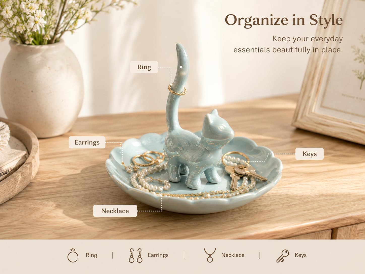 Cat Ring Holder Jewelry Dish–Ceramic Trinket Tray for Rings,Earrings,Necklaces & Bracelets,Cute Cat Jewelry Organizer for Vanity,Nightstand,Dresser,Birthday Gift for Women,Girls Cat Lovers
