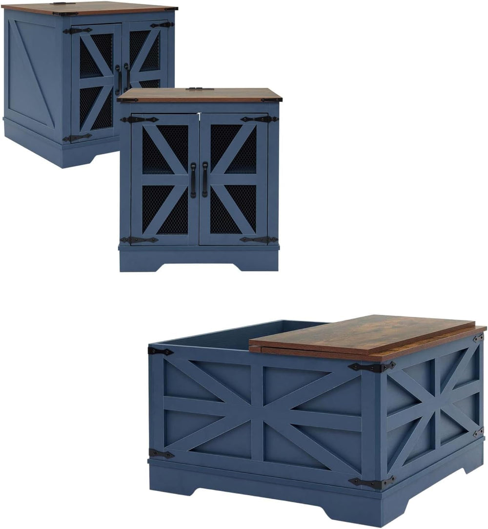 Farmhouse Coffee Table Set of 3, 1 Lift Top Coffee Table with Sliding Barn Do...