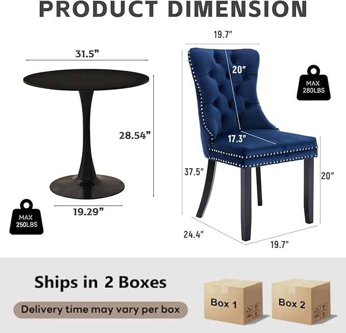 3-Pieces 31.5" Round Dining Table Set for 2, Black Dining Table & Velvet Upholstered Dining Chairs Set of 2 for Kitchen Dining Room Apartment Small Space(Black Table & Blue Chairs)