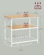 VASAGLE Kitchen Island with 3 Shelves, 39.4 Inches Width Kitchen Shelf with Power Strip, Large Worktop, Stable Steel Structure, Industrial, Easy to Assemble, Golden Oak and White UKKI105Y01