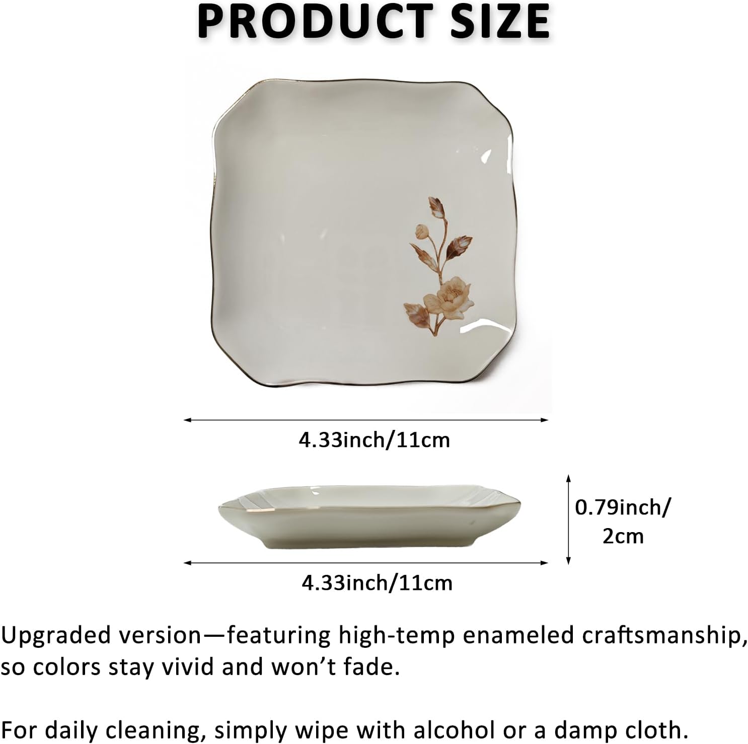 Vintage White Ceramic Jewelry Tray Ring Dish, Faux Mother of Pearl Inspired Flower Design, Decorative Small Square Floral Trinket Dish for Vanity Storage Wedding Decor (Beige Peony-Enamel)