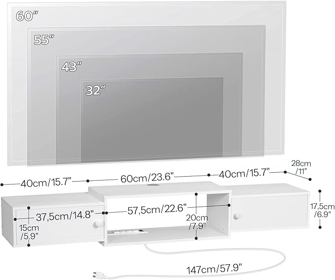 HOOBRO 55" Floating TV Stand with Power Outlet, Modern Wall Mounted Medi...