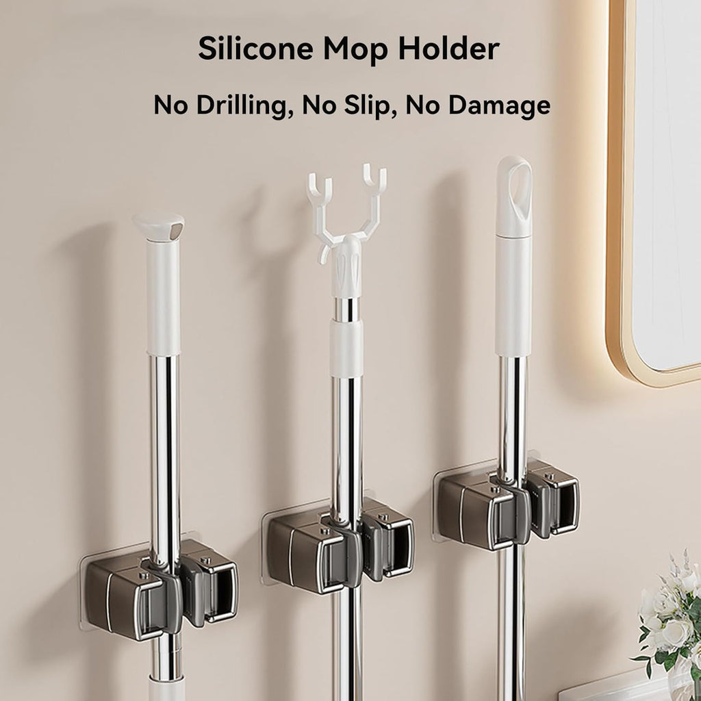 3 Pack Heavy Duty Mop Holder Wall Mount, Strong Adhesive Hanger for Broom Closet Organizer, Space Saving Utility Hooks for Bathroom Kitchen Garage Storage