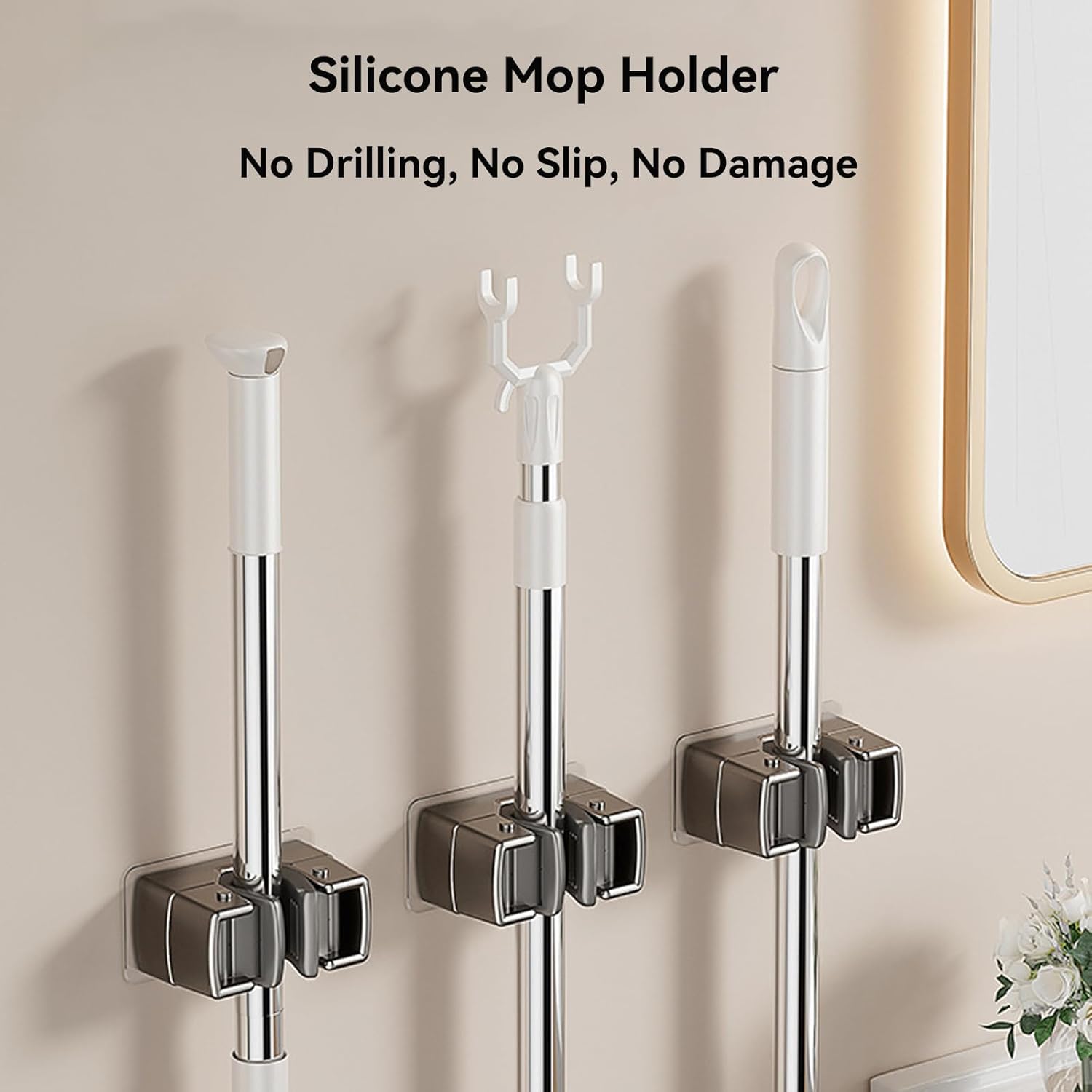 3 Pack Heavy Duty Mop Holder Wall Mount, Strong Adhesive Hanger for Broom Closet Organizer, Space Saving Utility Hooks for Bathroom Kitchen Garage Storage