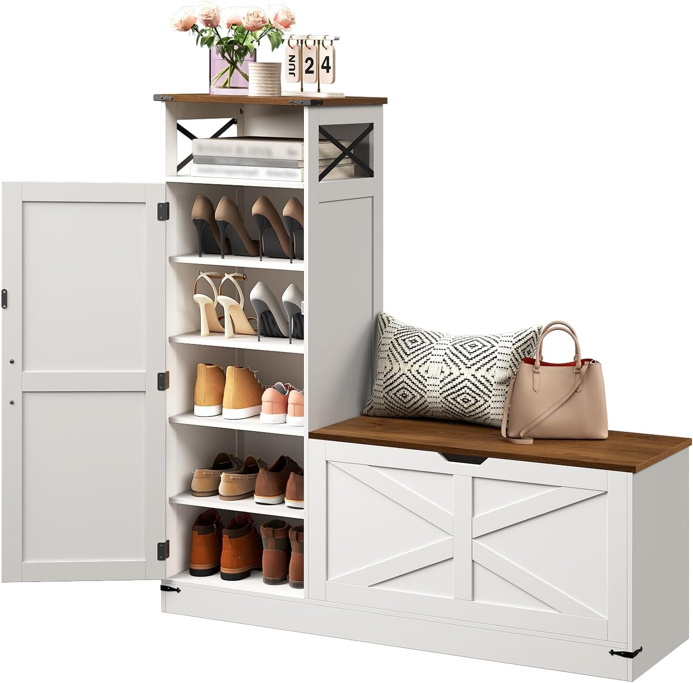 Shoe Cabinet with Bench, L-Shaped Shoe Bench, Storage Bench, Farmhouse Shoe Storage Cabinet with Adjustable Shelves, for Entryway, Living Room, and Stairwell, White and Walnut