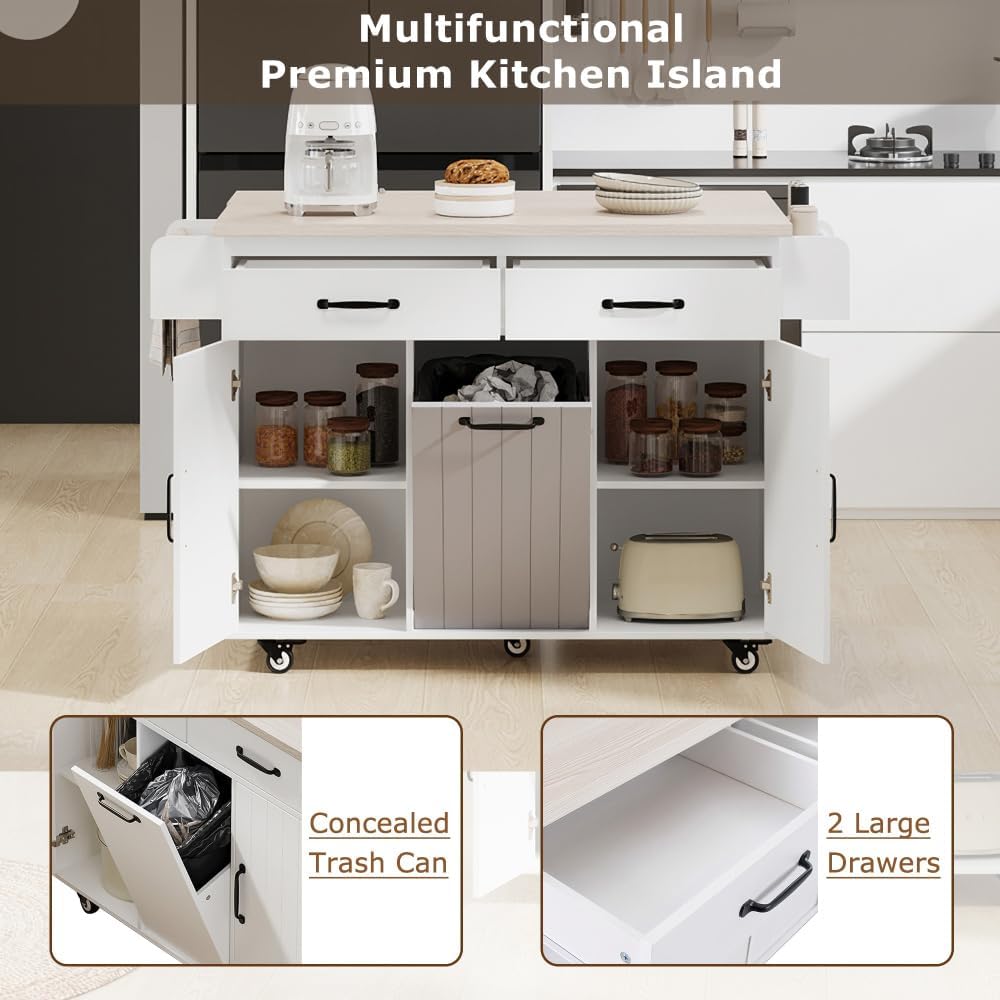 ZOEDO K&K Kitchen Island with Trash Can Storage Cabinet, Kitchen Cart wit...