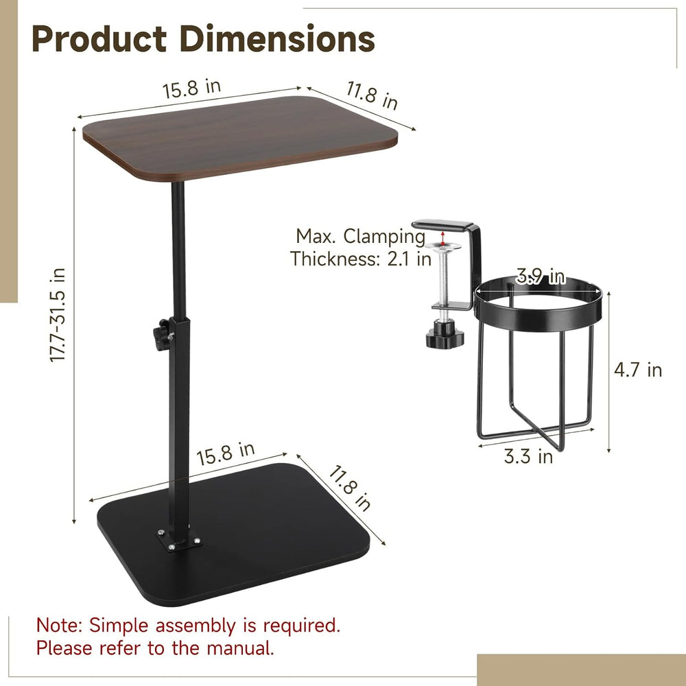 Rotating C Shaped Side Table with Cup Holder, Adjustable Height Sofa Side Tab...