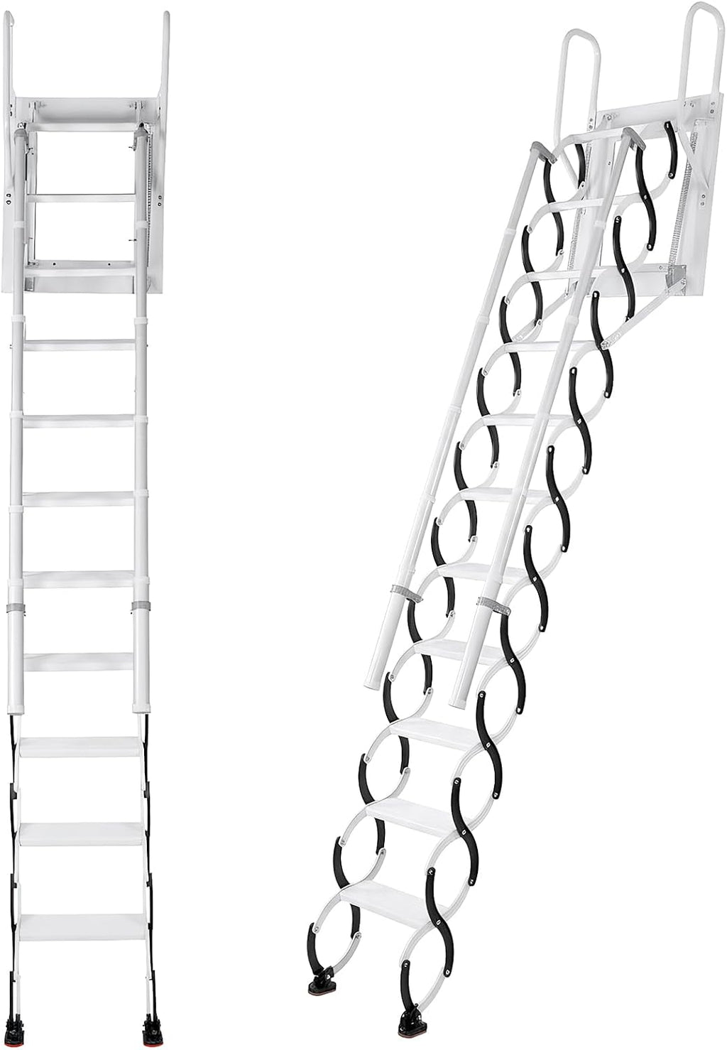 11 Steps Ceiling Mount Attic Staircase with Handrails, Foldable Loft | Includes 11-step wall-mounted attic stairs with handrails for home or garage. Space-saving foldable design, high stability,