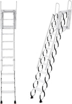 11 Steps Ceiling Mount Attic Staircase with Handrails, Foldable Loft | Includes 11-step wall-mounted attic stairs with handrails for home or garage. Space-saving foldable design, high stability,
