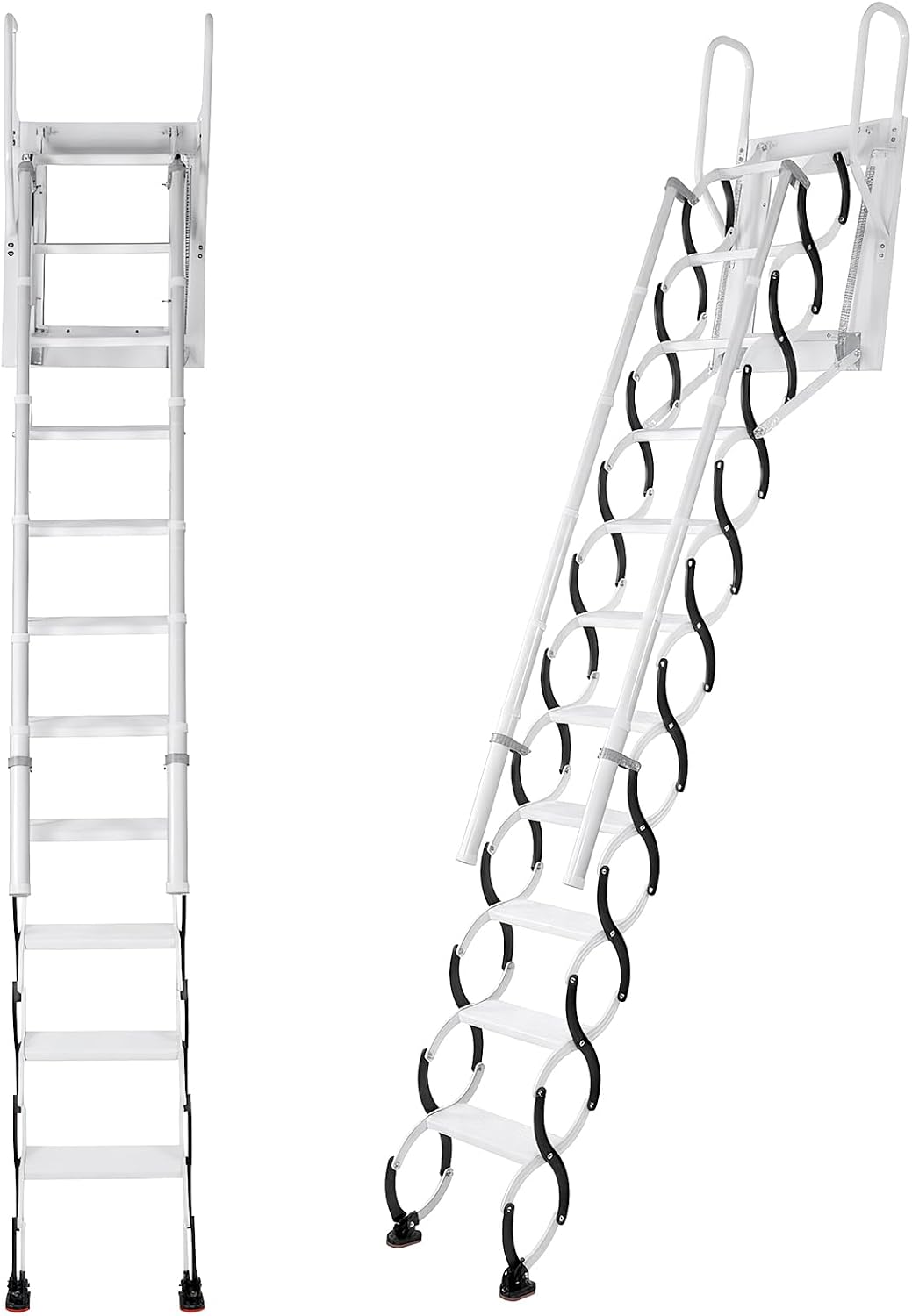 11 Steps Ceiling Mount Attic Staircase with Handrails, Foldable Loft | Includes 11-step wall-mounted attic stairs with handrails for home or garage. Space-saving foldable design, high stability,