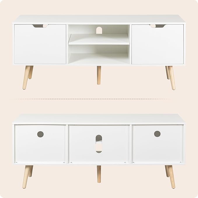 ALINE FURNITURE White TV Stand for 50 55 60+ inch TVs - Media Console with 2 Cabinets & Open Shelves, Solid Wood Legs - TV Consoles for Living Room - 22" H Entertainment Center for Bedroom