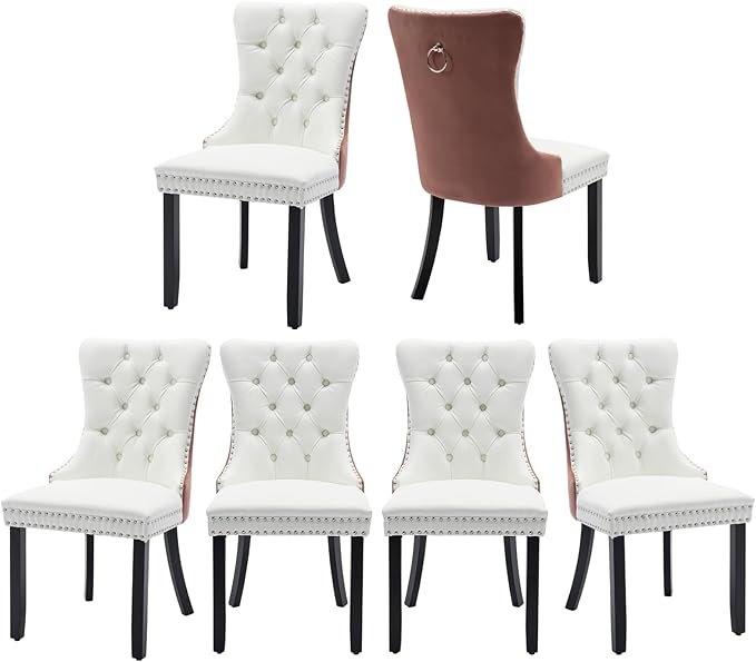 Velvet Dining Chairs Set of 6, High-end Tufted Upholstered Dining Chair with Ring Pull and Solid Wood Legs, Modern Dining Room Chairs for Dining Room, White PU & Pink Velvet