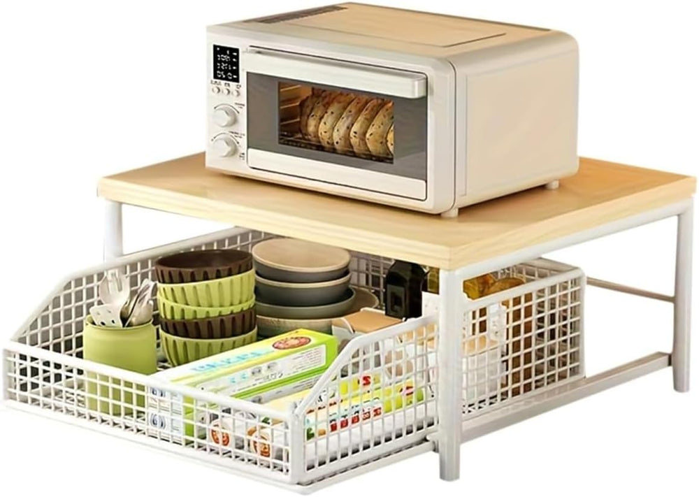 Countertop Organizer for Kitchen with Drawer& Wire Basket- Sturdy Hardwoo...