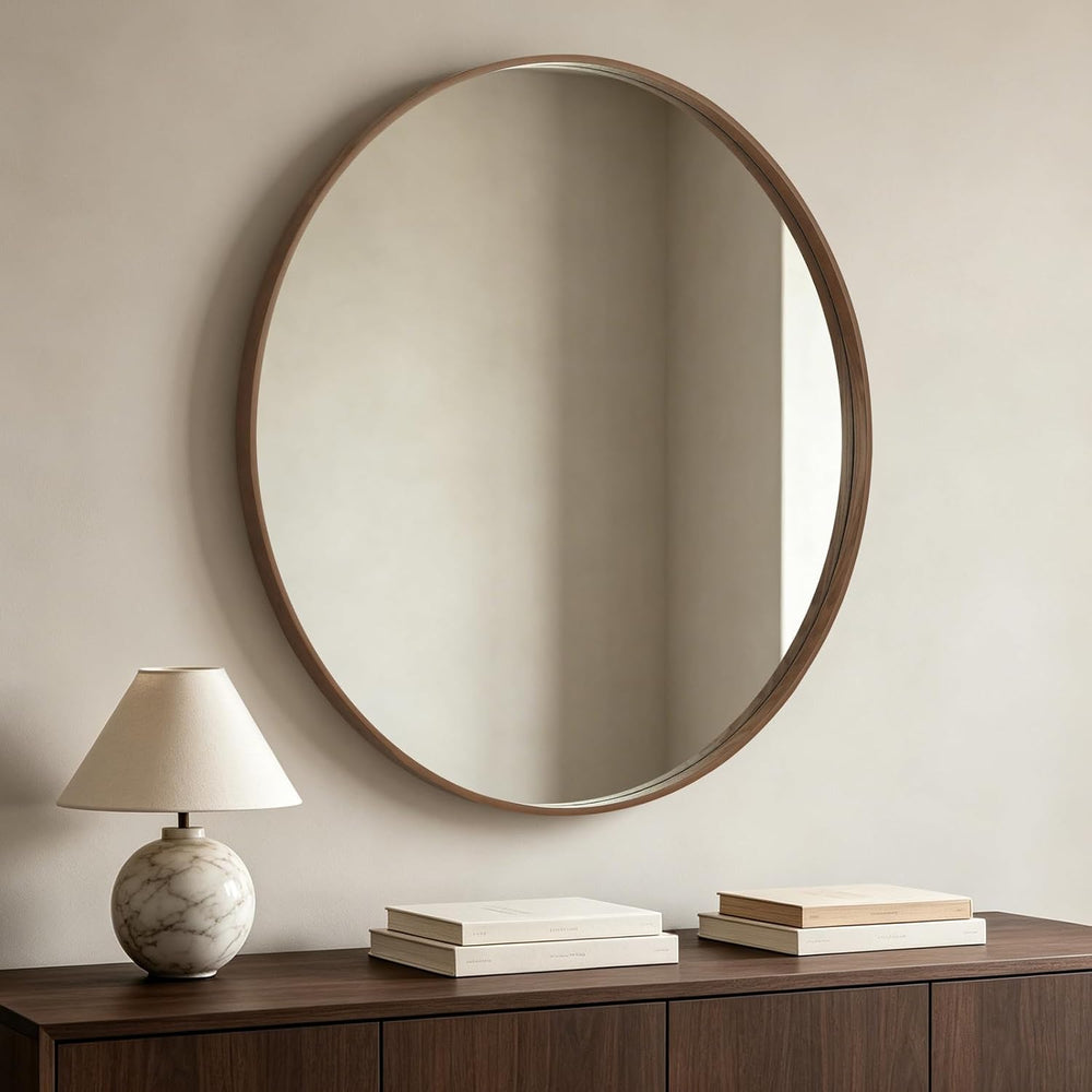 HOMECOOKIN Round Wood Mirror 40 inch Circle Mirror, Rustic Farmhouse Wooden F...