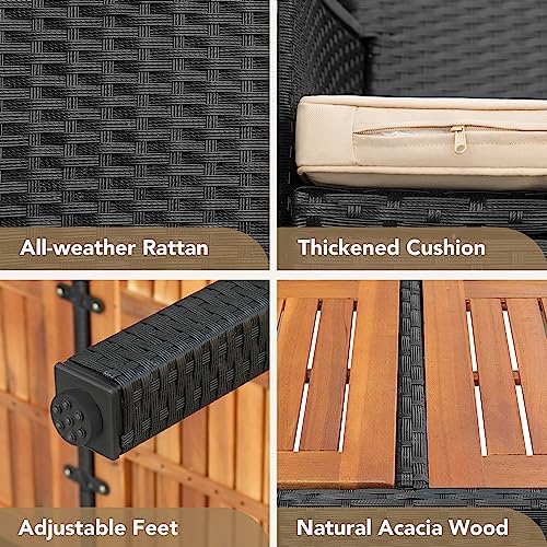 Devoko 9 PCS Acacia Wood Patio Dining Set, Black Rattan
