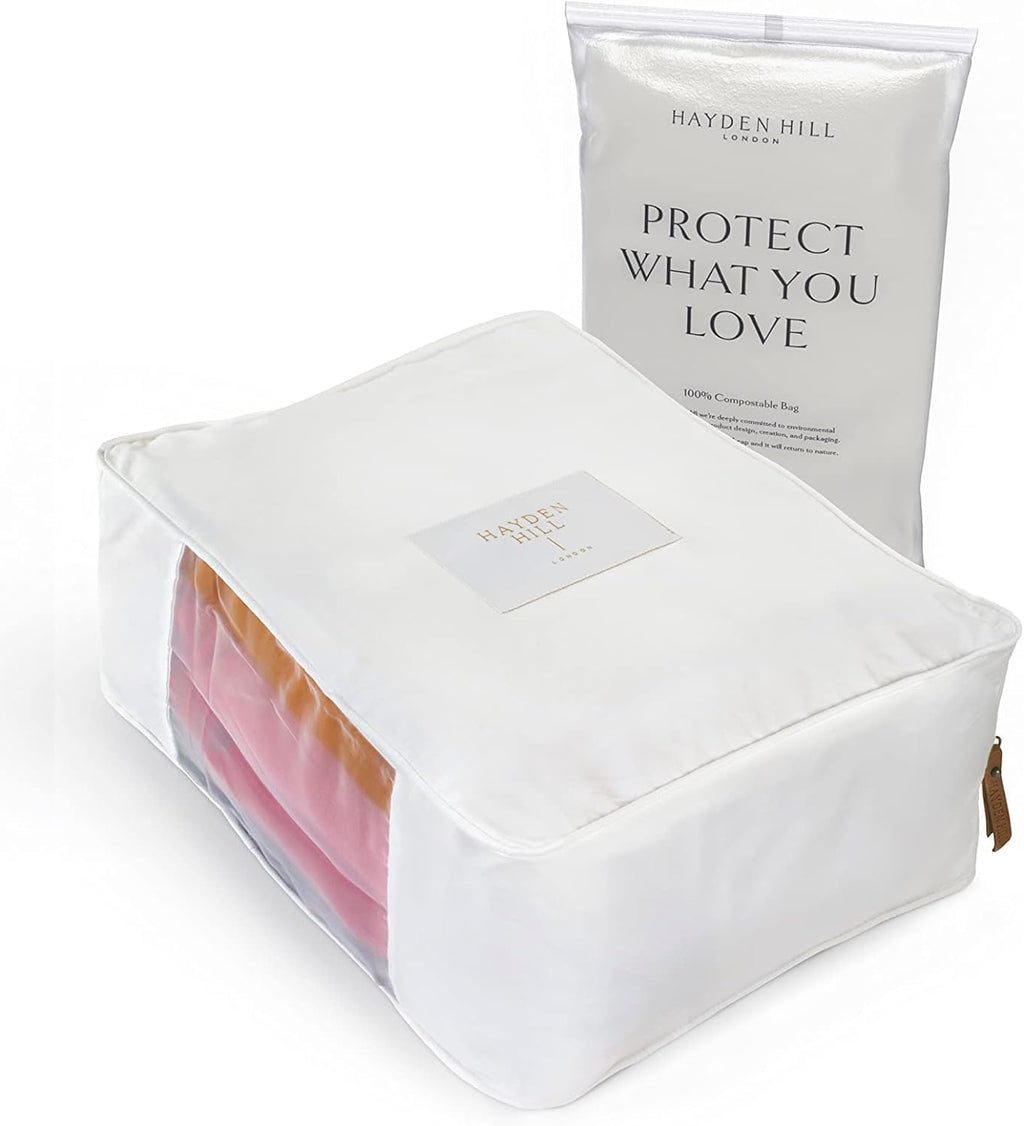 Hayden Hill Luxury Organic Cotton Sweater Storage Bag For Cashmere 15 Inch | Fits 4 Fine Knits, Breathable, Moth Proof, Garment Storage Bag For Cashmere, Zippered, Certified Carbon Neutral, White