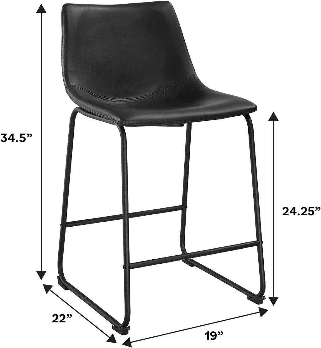 Walker Edison Douglas Urban Industrial Faux Leather Armless Counter Chairs, Set of 2, Black, 20"D x 18.5"W x 34.5"H