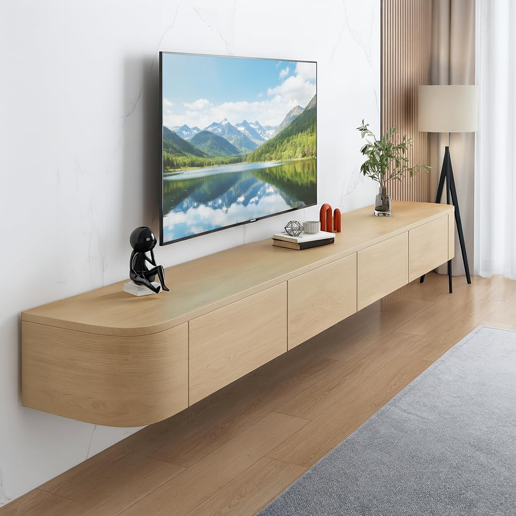 Floating TV Stand,47-118" Wall Mounted TV Shelf, Floating TV Consolewith Flip-Down Doors & Drawers, Modern TV Media Console Center Large Storage TV Stand (Wood, 94.5")