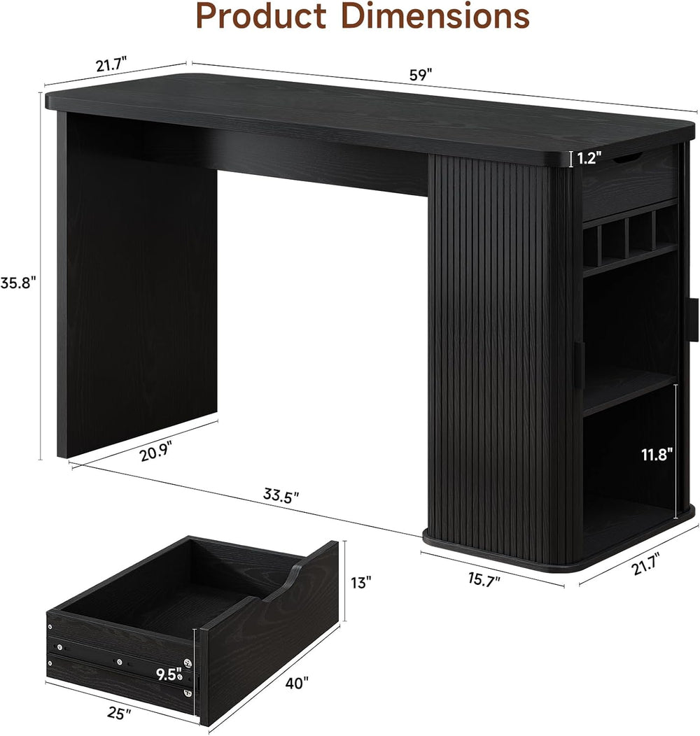 ONBRILL 59 Inch Fluted Kitchen Island with Storage Black | Counter Height Tab...