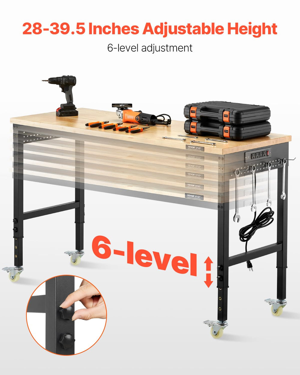 VEVOR Adjustable Workbench, 60 Inch Work Bench with Power Outlet, Wheels, and...