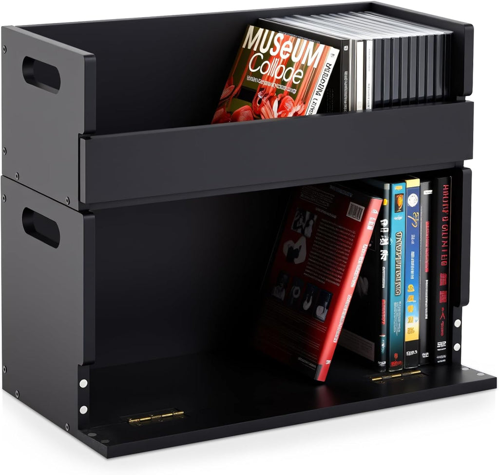 CroBlissful 2 Set Wooden DVD and CD Storage Box Cassette Tape Display Stand Holder Rack with Carrying Handle, Organizer Shelf for Movie Cases, Each Can Store up to 36 CDs and 26 DVDs (Black)