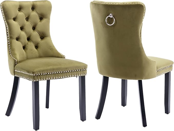 Modern Dining Chairs Set of 2, Tufted Upholstered Dining Chair with Solid Wood Legs, Olive Green Velvet Accent Chair, Sillas de Comedor, Comfy Kitchen Chairs (Olive Green, Velvet, 2Pcs)
