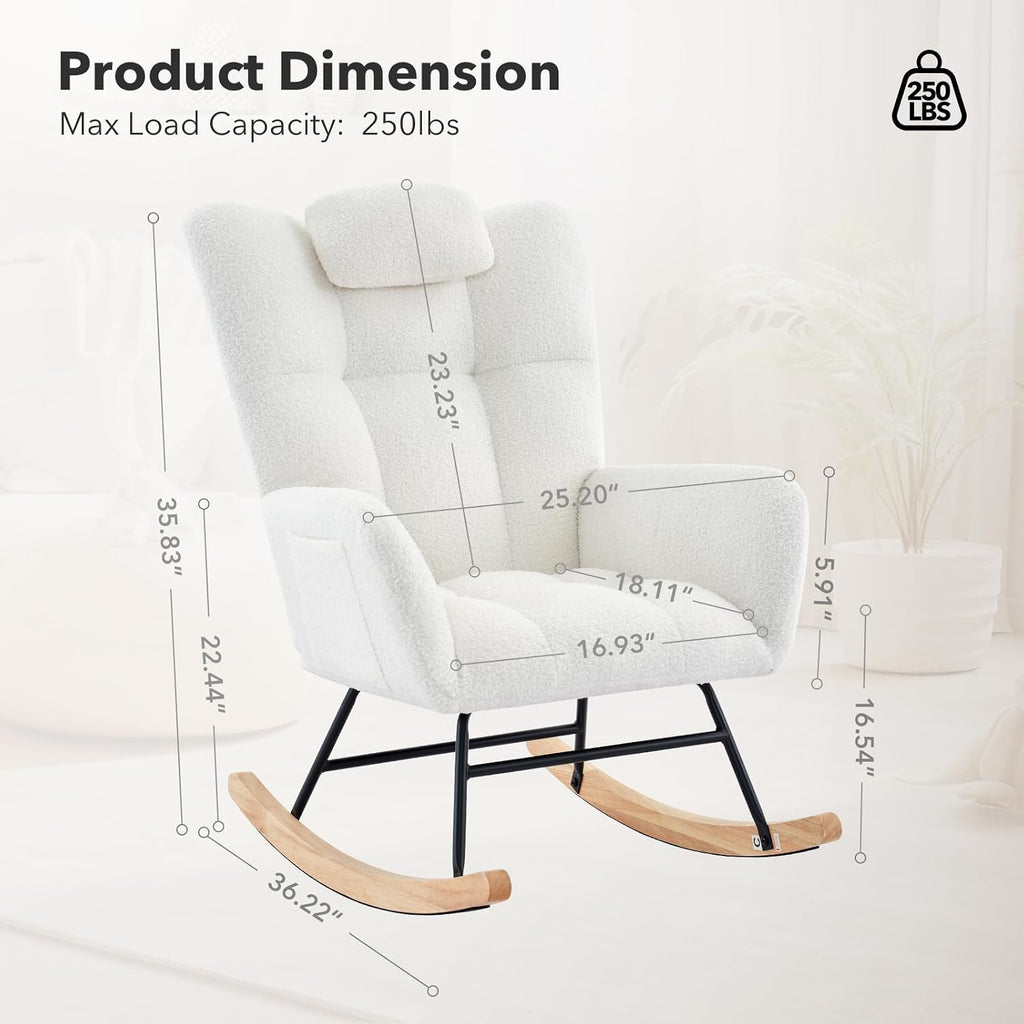 Rocking Chair Nursery, Teddy Upholstered Glider Rocker with High Backrest, Modern Rocking Accent Chair with Headrest, Comfy Armchair for Living Room, Bedroom, Offices, Beige