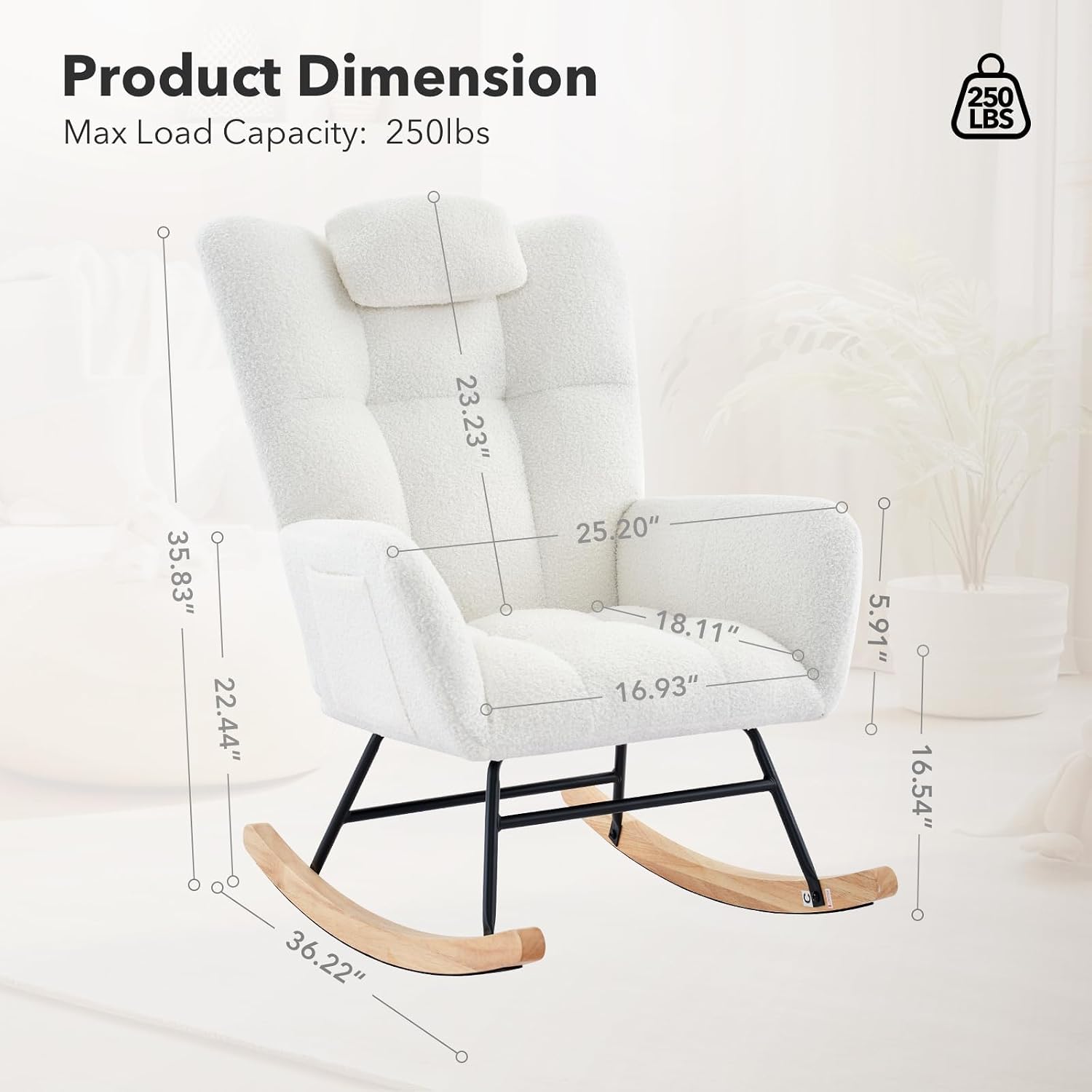 Rocking Chair Nursery, Teddy Upholstered Glider Rocker with High Backrest, Modern Rocking Accent Chair with Headrest, Comfy Armchair for Living Room, Bedroom, Offices, Beige